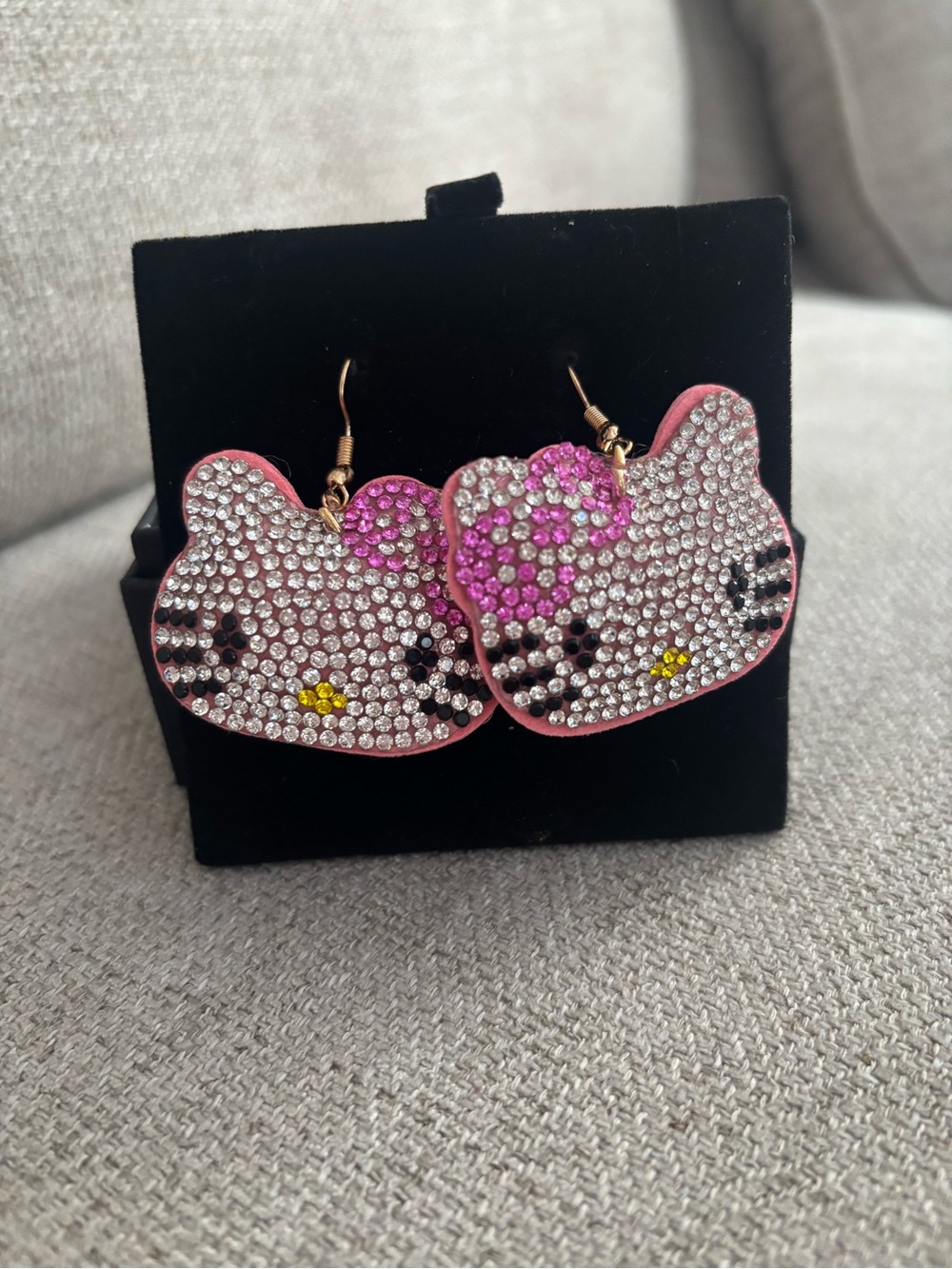 Hello Kitty Pink and White Rhinestone Face Dangle Earrings